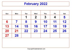 February Calendar 2022 with Notes