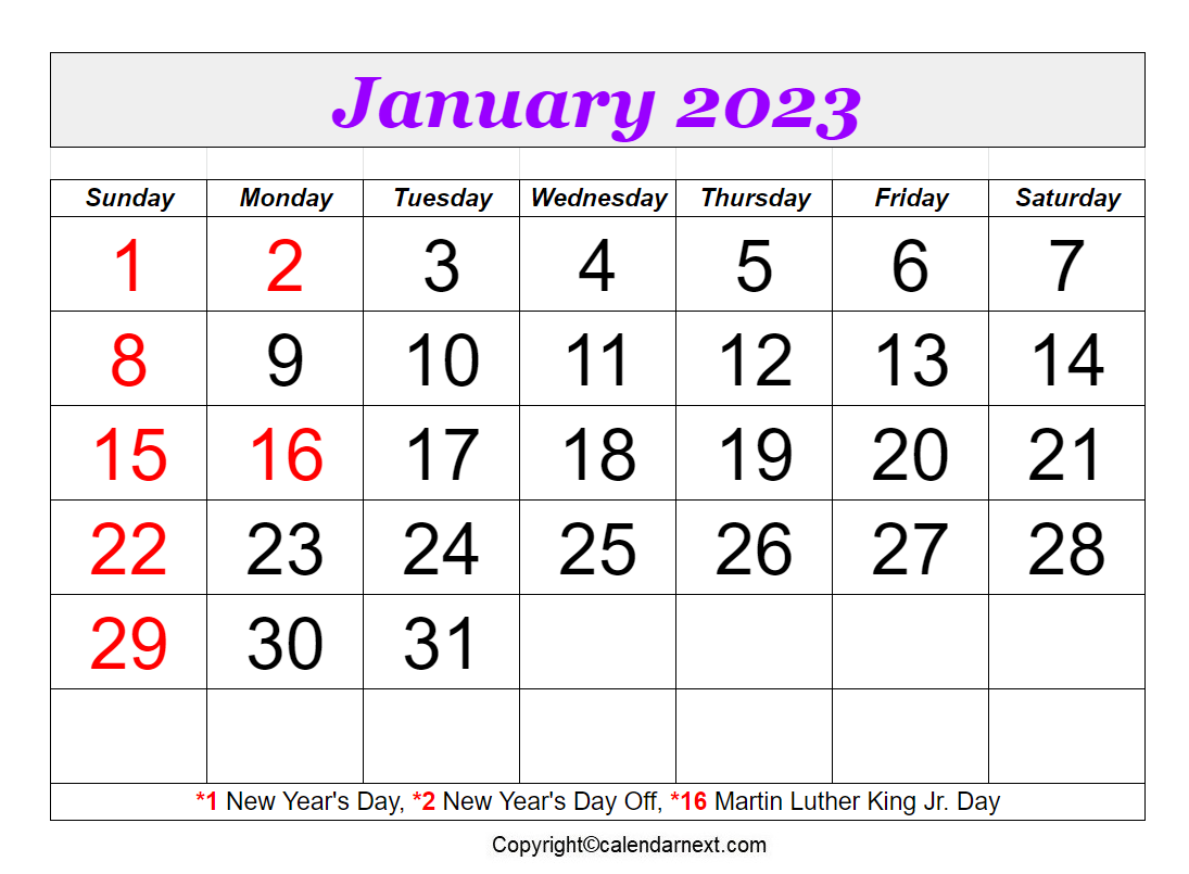 January 2023 Calendar Printable Pdf With Holidays Free Templates www
