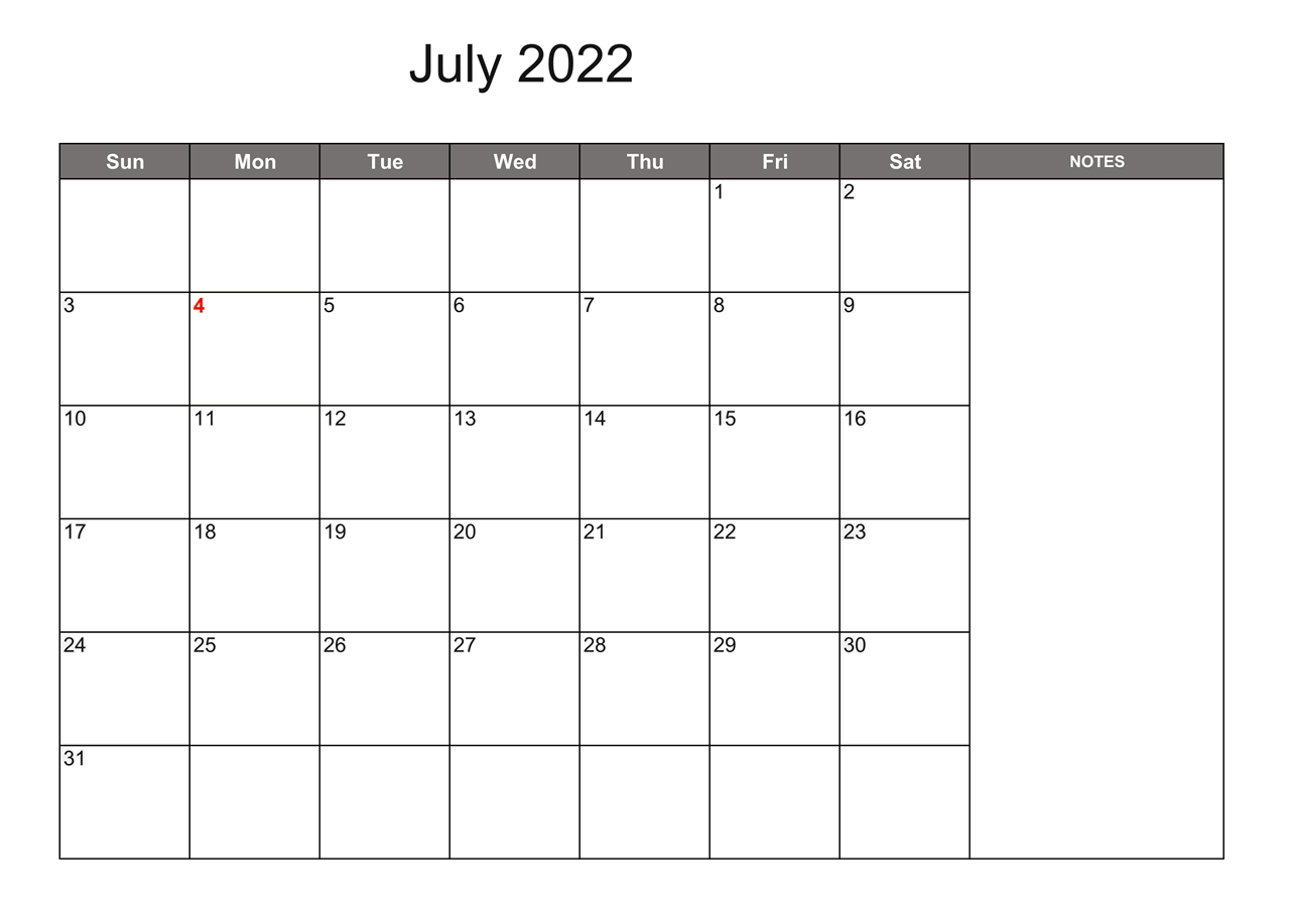 July Calendar 2022 with Notes