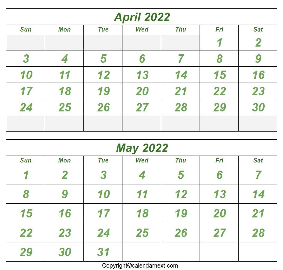 April & May 2022 Calendar