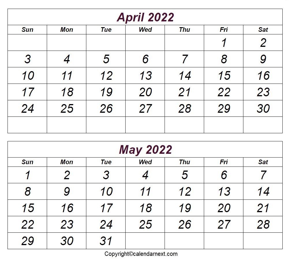 April May 2022 Calendar