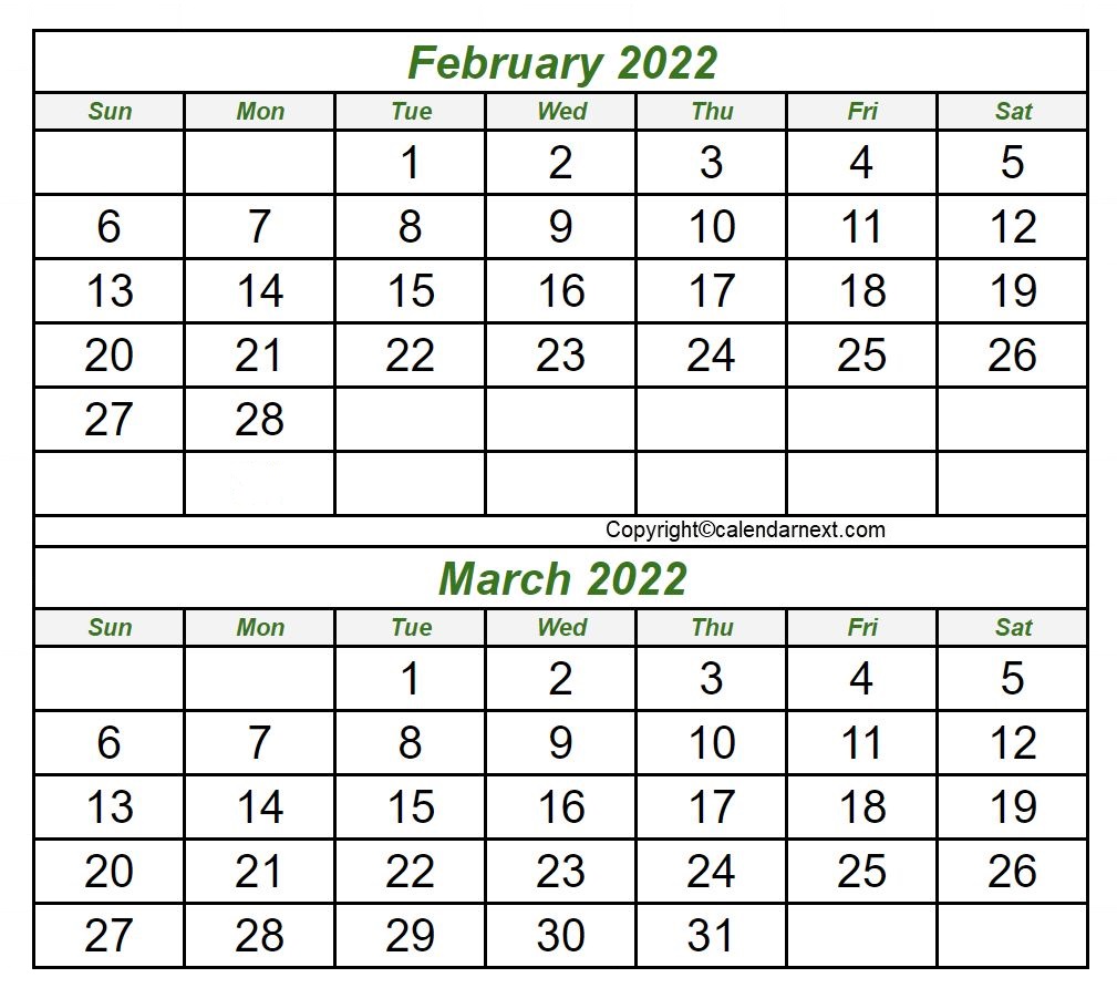 February March 2022 Calendar Template