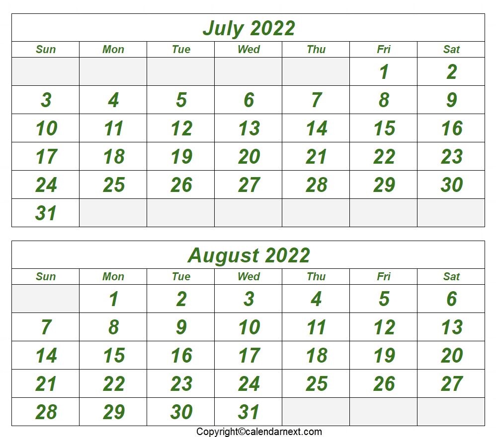 July & August 2022 Calendar