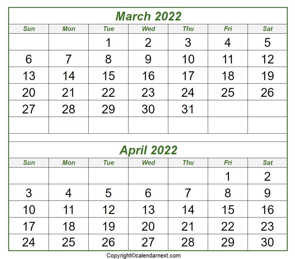 March April 2022 Calendar With Holidays