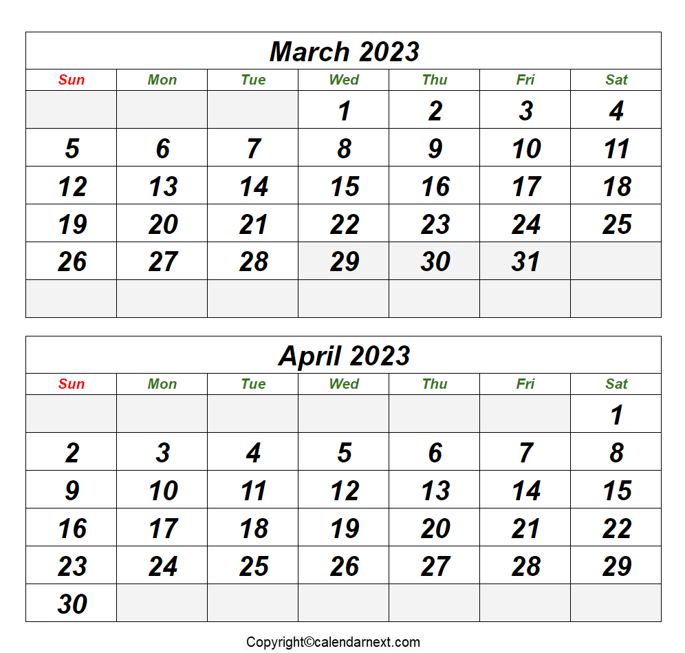 March & April 2023 Printable Calendar