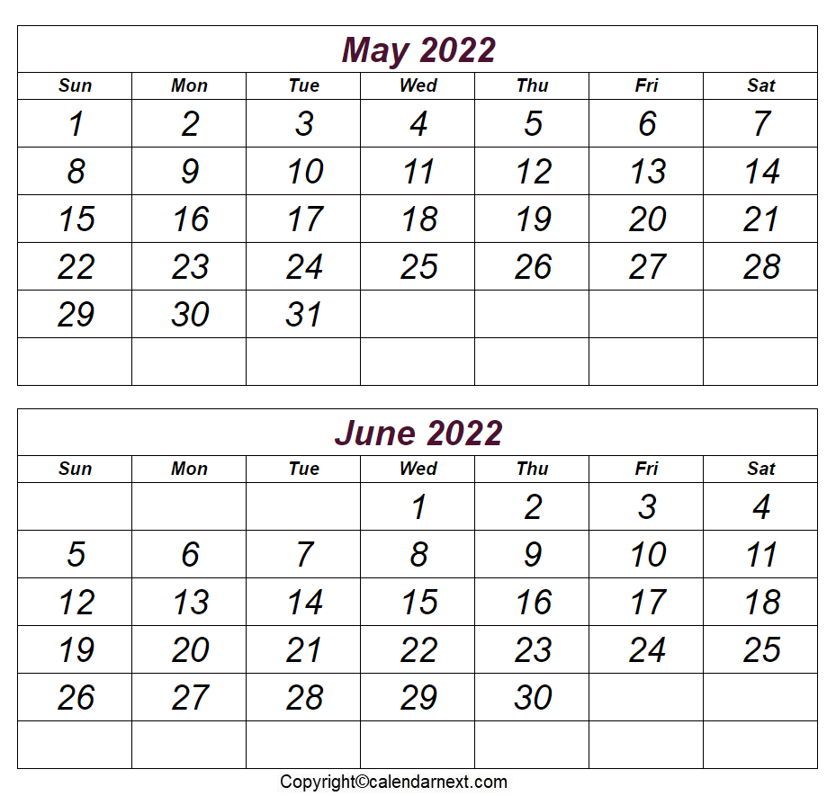 May June 2022 Calendar