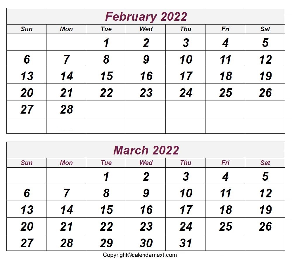 Printable February March 2022 Calendar