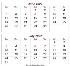 June July 2022 Calendar