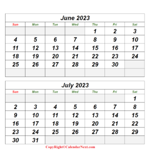 June & July 2023 Printable Calendar