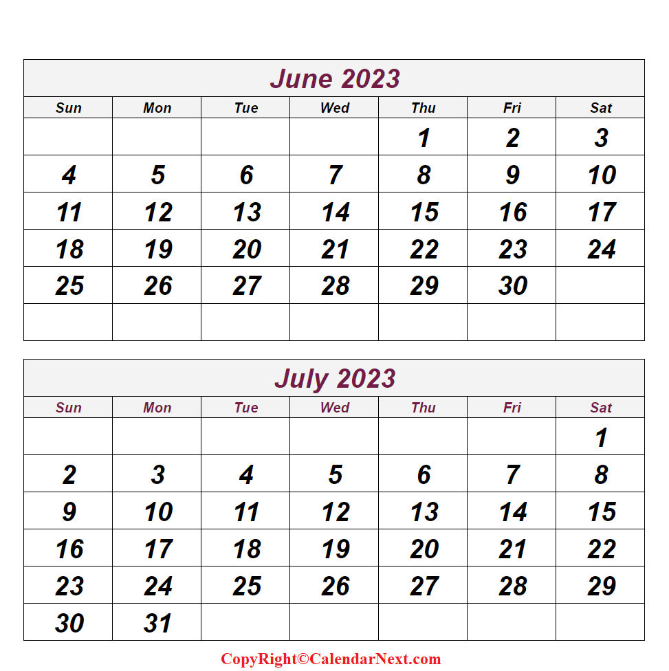 Printable June July 2023 Calendar