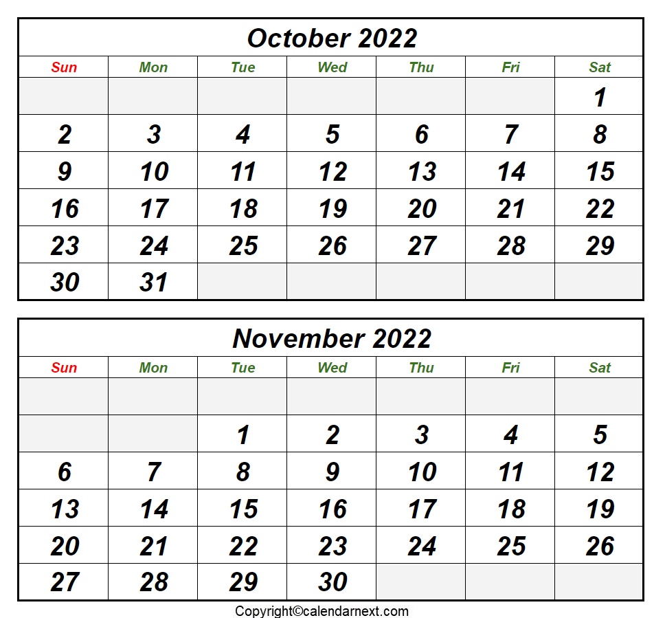 October & November 2022 Printable Calendar