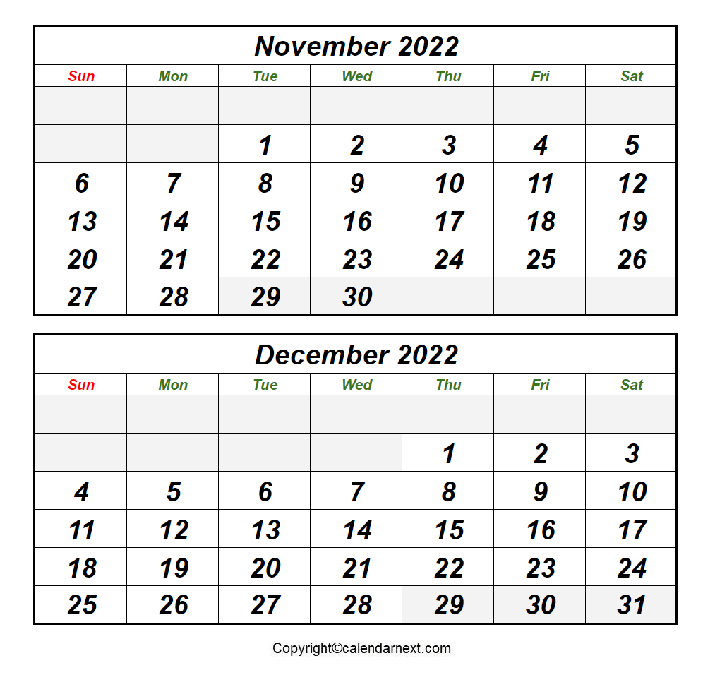 November & December 2022 Printable Calendar
