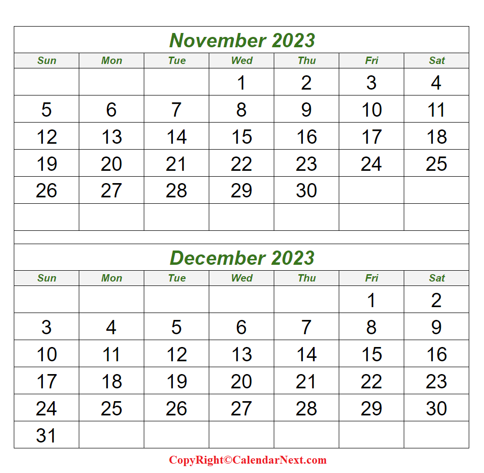November December 2023 Calendar With Holidays