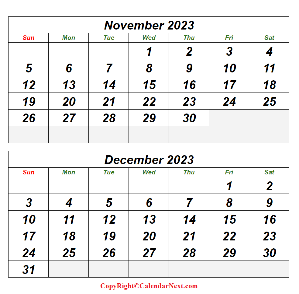 November & December 2023 Printable Calendar