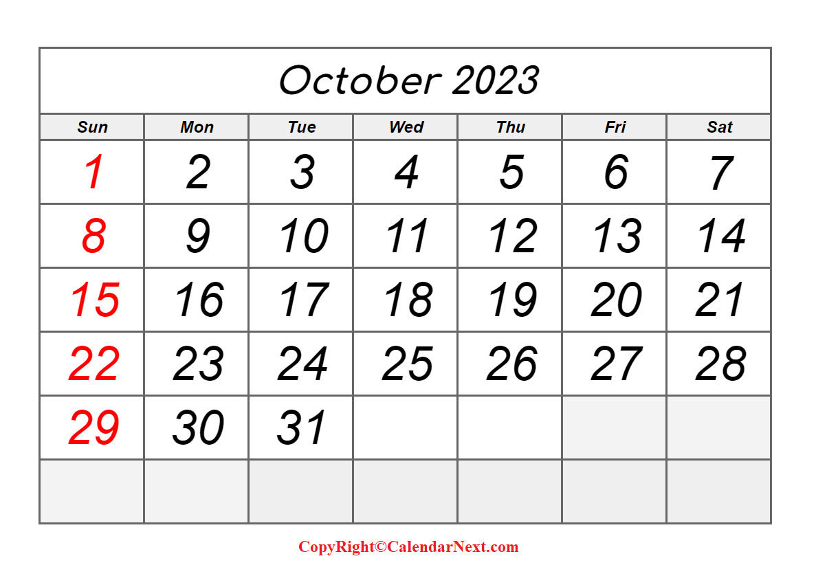 October 2023 Calendar With Holidays