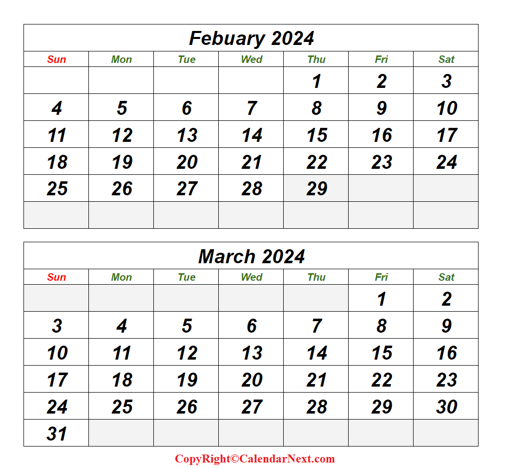 February & March 2024 Printable Calendar