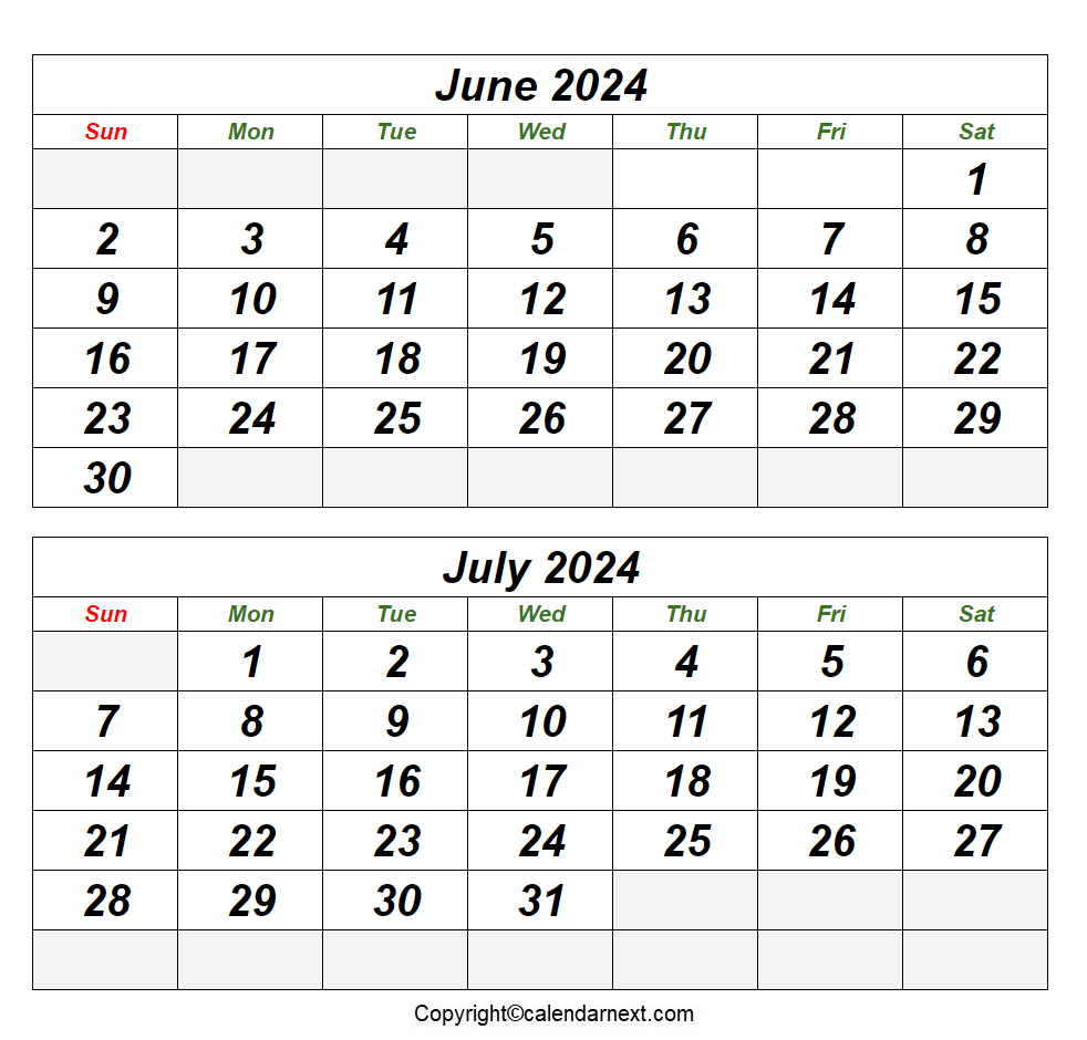 June & July 2024 Printable Calendar