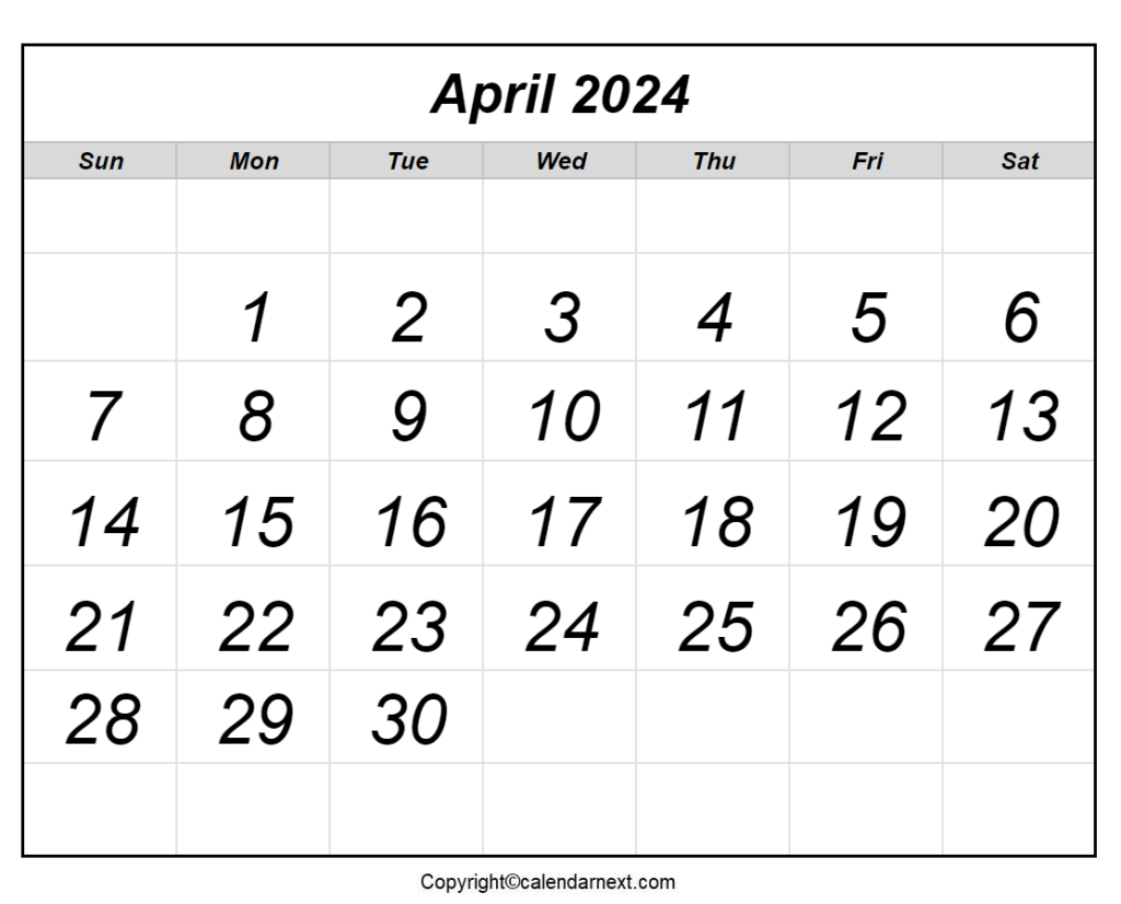 Printable April 2024 Calendar Template With Holidays & Notes