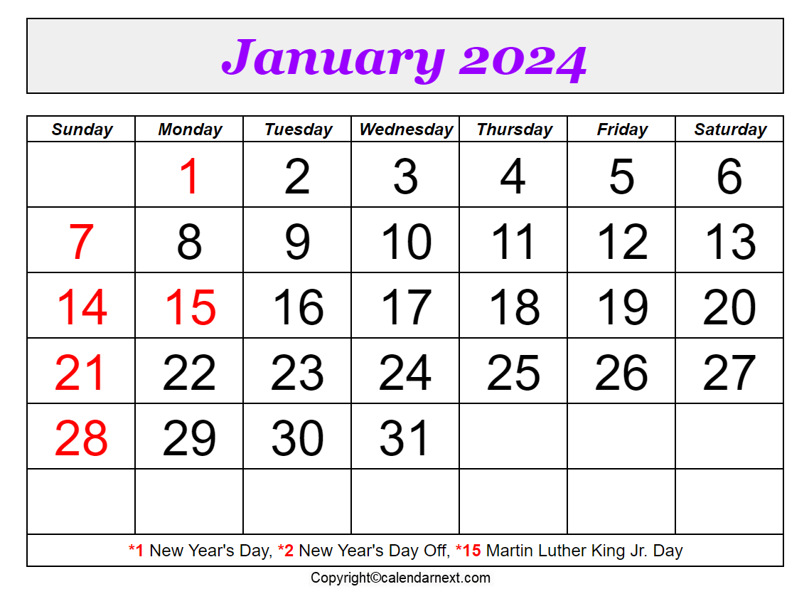 January 2024 Calendar With Holidays