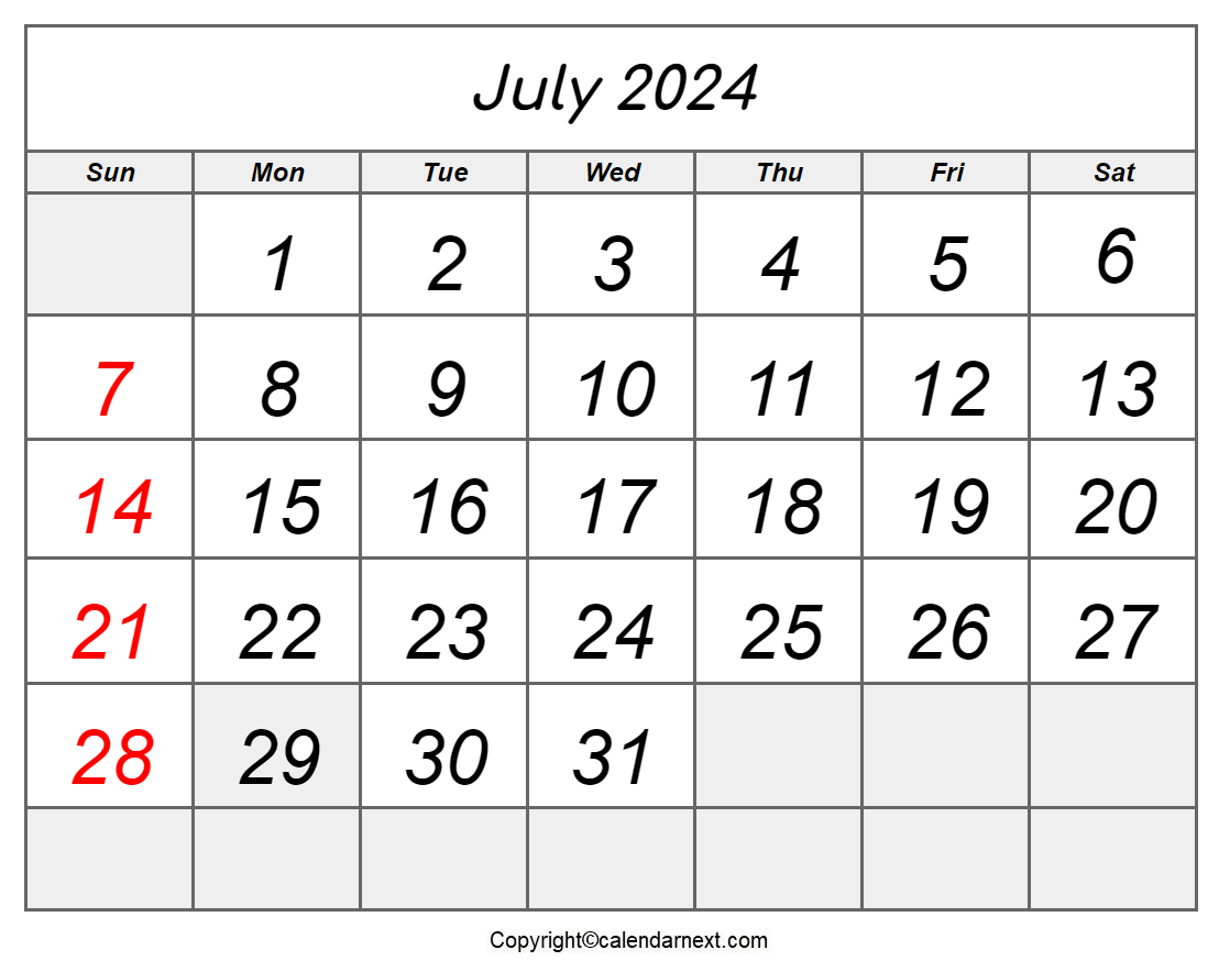 July 2024 Calendar PDF
