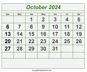 October Calendar 2024 with Notes