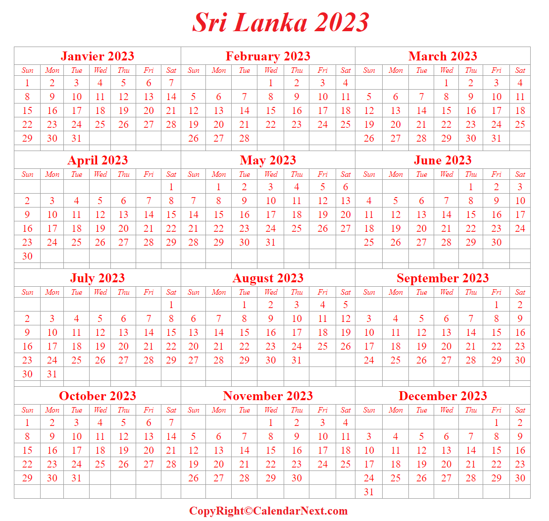 Printable Sri Lanka Calendar 2023