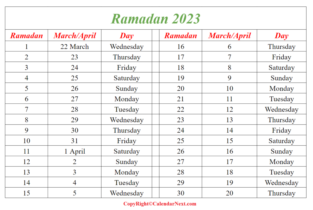 Ramadan 2023 Calendar Calendar Next