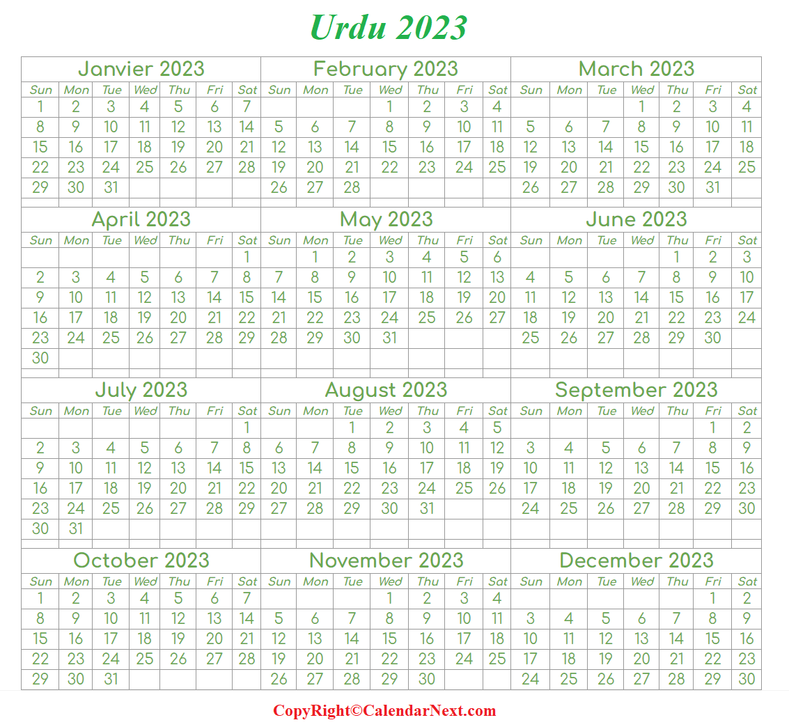 Urdu 2023 Calendar