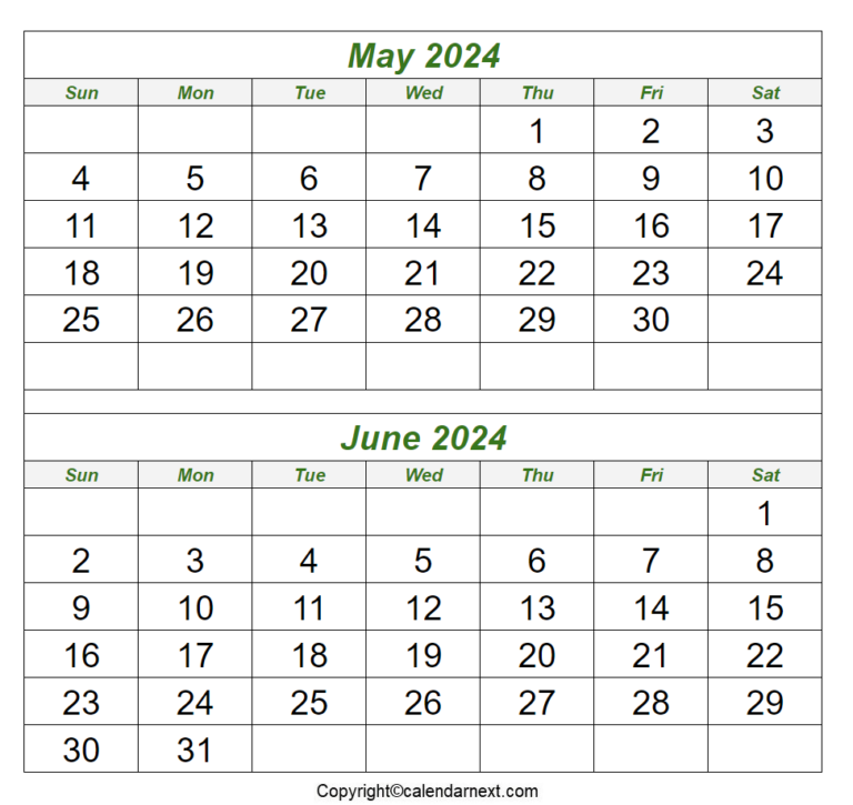 Blank May June 2024 Calendar | Calendar Next