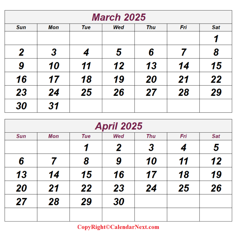Printable march april 2025 calendar calendar next