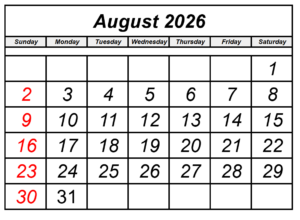 August Calendar 2026 with Notes