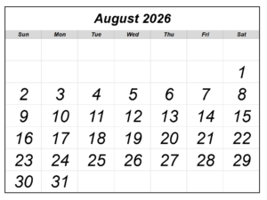 Blank August 2026 Calendar