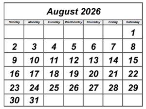 Printable August 2026 Calendar