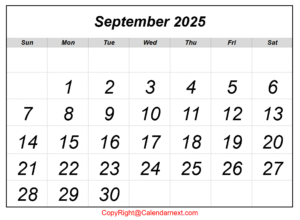 September 2025 Calendar Printable