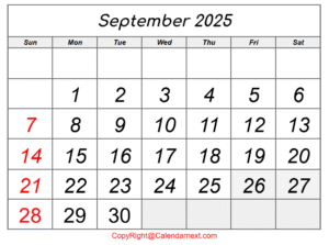 September Calendar 2025 with Notes