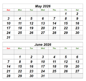 Blank May June 2026 Calendar