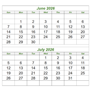 June July 2026 Calendar Printable