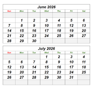 June July 2026 Calendar With Holidays