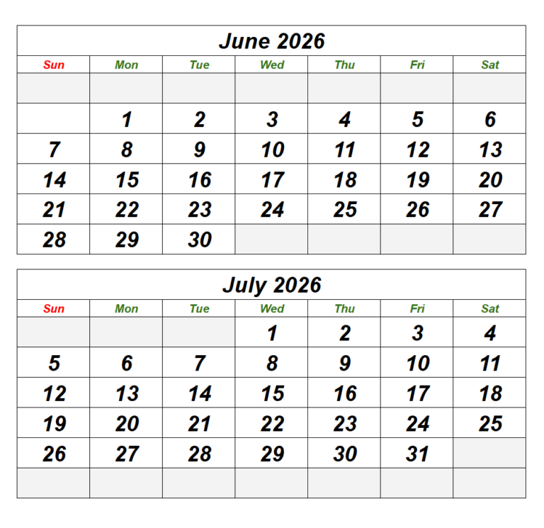 Printable June and July 2026 Calendar With Holidays & Notes