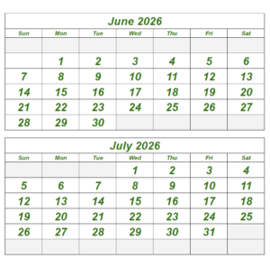 June & July 2026 Printable Calendar