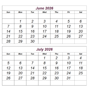 Printable June July 2026 Calendar