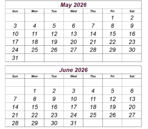 Printable May June 2026 Calendar