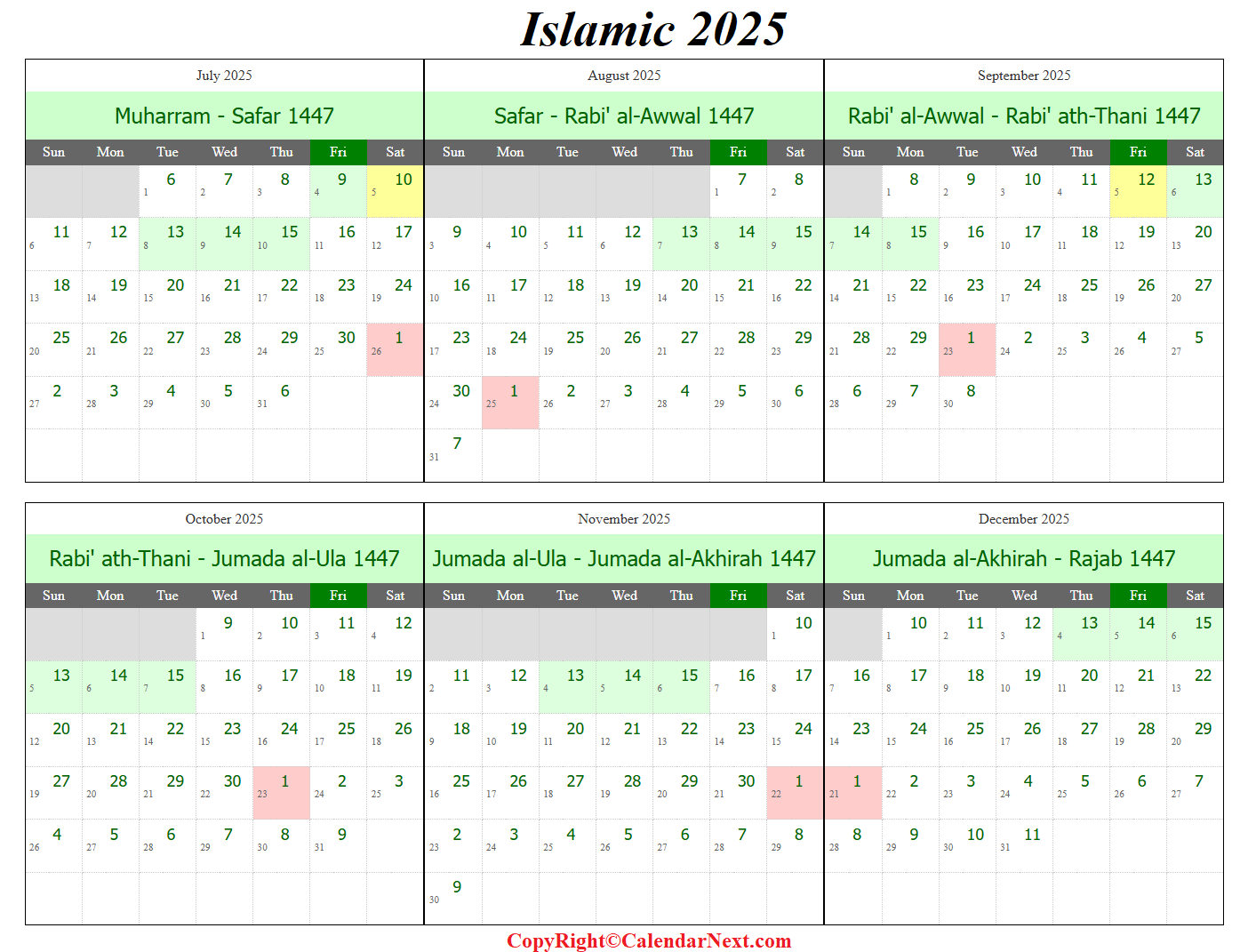 Free Printable Hijri Islamic 2025 26 Calendar 1446 47 