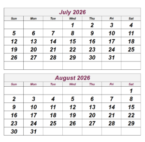 July & August 2026 Calendar