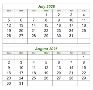 July August 2026 Calendar Template
