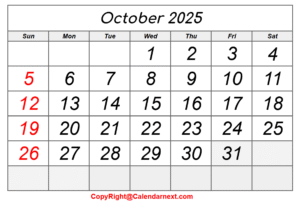 October Calendar 2025 with Notes