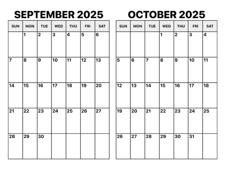 Printable Blank September & October 2025 Calendar Templates
