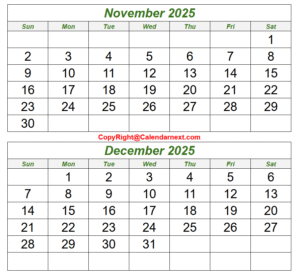 Printable November December 2025 Calendar