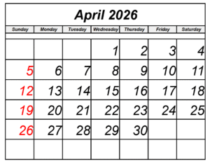 April 2026 Calendar Printable