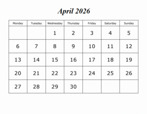 April Calendar 2026 with Notes